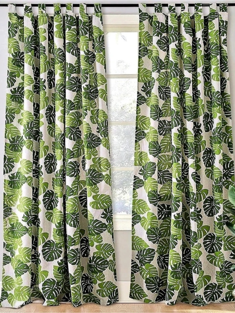 78 inch Green & White Leaf Curtains